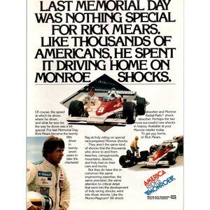 1980 Monroe Shocks Rick Mears Indy 500 Race Car Vintage Print Ad 80s Wall Art